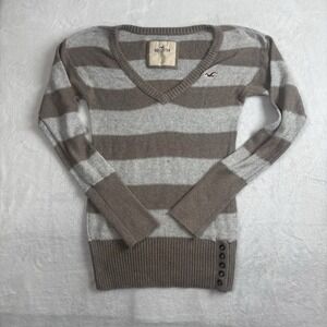 Y2K Hollister Striped V-Neck Long Grey Knit Sweater Women's Large